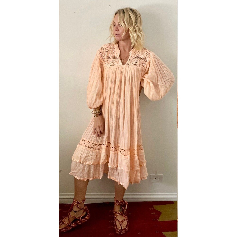 Vintage Boho Crochet Beachy Gauzy Cottage Core Midi Dress Puff Sleeve Peach Sz S